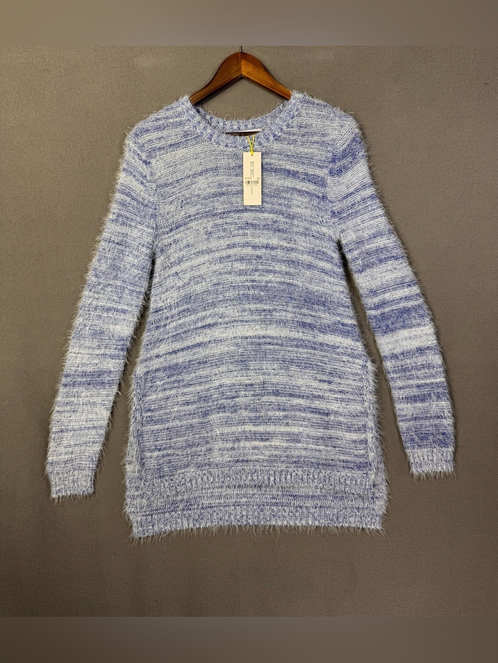 BCBG Light Blue and White Fuzzy Crewneck Tunic Sweater w/ Side Slits, M